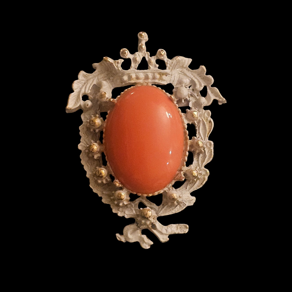 Vintage Heraldic Style White Enamel Gold Tone Crest Brooch Coral Peach Cabochon